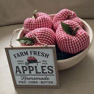 Red Checked Apples in wooden bowl & apple sign fall harvest orchard decoration